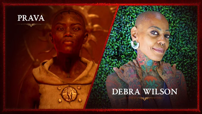 Picture of Diablo 4’s Prava next to a headshot of voice actor Debra Wilson who voices her in game. 