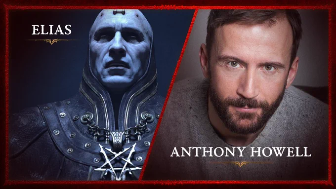 Picture of Diablo 4’s Elias next to a headshot of voice actor Anthony Howell who voices him in game. 