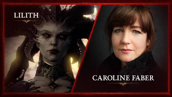 Picture of Diablo 4’s Lilith next to a headshot of voice actor Caroline Faber who voices her in game. 