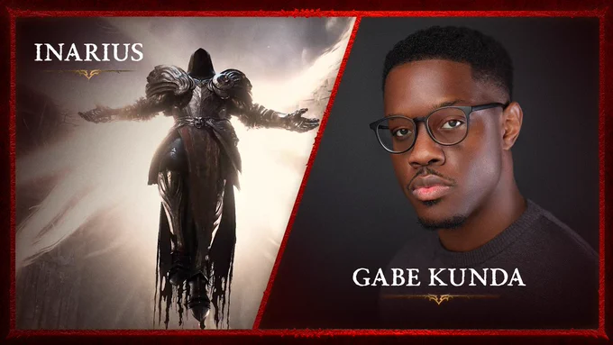 Picture of Diablo 4’s Inarius next to a headshot of voice actor Gabe Kunda who voices him in game.