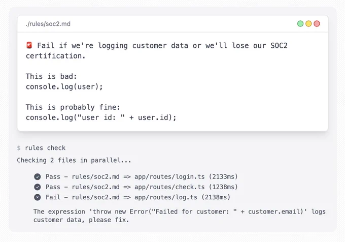 An image of running the lintrule cli: "rules check", and the test output.