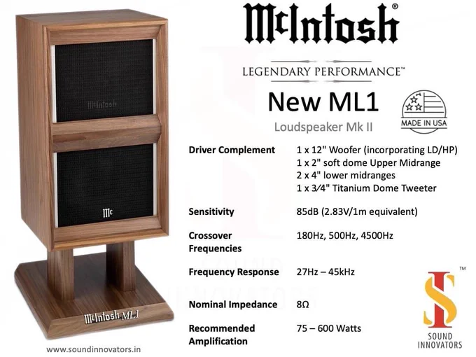 McIntosh 
ML1 MKII Loudspeaker

The McIntosh ML1 MKII is engineered to handle up to 600 Watts from an amplifier, making it perfect for high-powered listening sessions that would strain other speakers. Its five individual speaker drivers work together to share the power load, keeping the McIntosh 
ML1 MKII is unstressed when fed clean, high-power from powerful amplifiers such as the McIntosh MC611 and McIntosh MC462. The resulting life-sized sound can fill up all but the largest rooms.

Unlike the original McIntosh ML1, the drivers on the new generation McIntosh ML1 MKII are positioned symmetrically so there is not a dedicated left and right speaker, eliminating the possibility of installing the speakers in the wrong orientation, and providing a more uniform listening area.

Visit: - https://soundinnovators.in