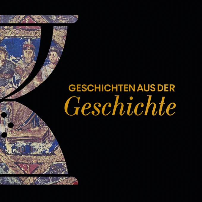 GAG Vignette mit dem Schriftzug "Geschichten aus der Geschichte". In der halb angeschnittenen Sanduhr am linken Bildrand ist das Widmungsbild des in der Folge erwähnten Codex' zu sehen, auf dem Anicia Juliana dargestellt ist.