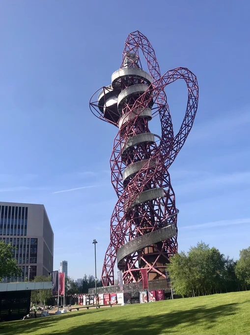 ArcelorMittal Orbit tower centre with UCL Marshgate building to the left