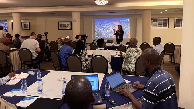 Diana Mitlin presenting to a conference room full of people.