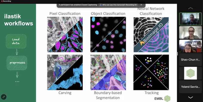 Ilastik workflows: Load data -> preprocess...
The image shows examples of pixel classification, object classification, neural network classification, carving, boundary-based segmentation and tracking
