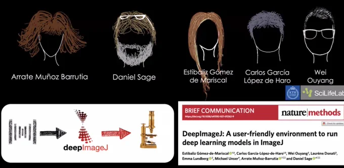 Arrate Muñoz Barrutia, Daniel Sage, Estibaliz Gómez de Mariscal, Carlos Garcia-López-de-Haro and Wei Ouyang. It shows a screenshot of the paper "DeepImageJ: A user-friendly environment to run deep learning models in ImageJ"