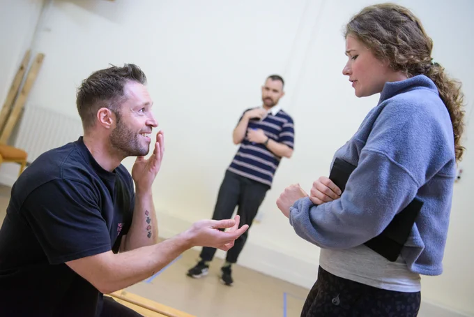 Joe Rising and Karen Fishwick in rehearsals for The Devil Drinks Cava