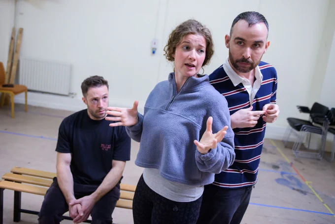 Joe Rising, Karen Fishwick and Lawrence Boothman in rehearsals for The Devil Drinks Cava