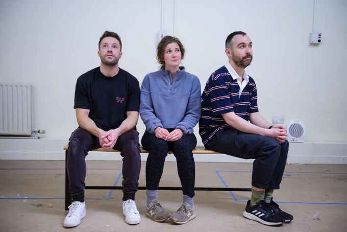 Joe Rising, Karen Fishwick and Lawrence Boothman in rehearsals for The Devil Drinks Cava