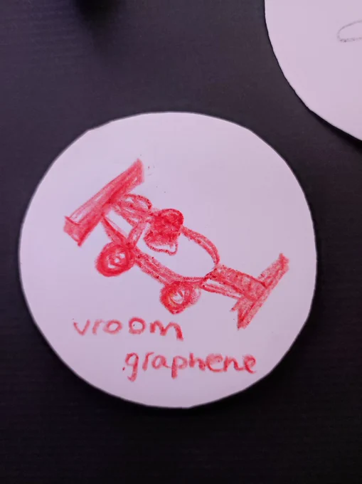 Sticker from the galaxy wall with a Formula One racecar drawn and the caption "vroom graphene"