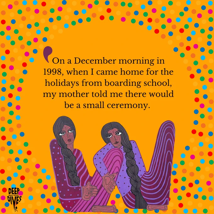 "On a December morning in 1998, when I came home for the holidays from boarding school, my mother told me there would be a small ceremony." An illustration of two women wearing purple clothes and long braids sitting against each other.