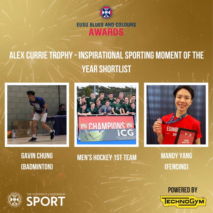 Image of 2 people and hockey team. Gavin Chung, Men's Hockey 1XI, Mandy Yang