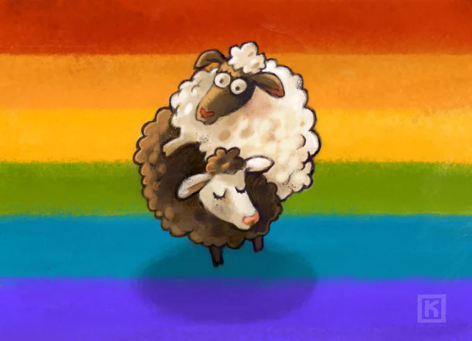 A black and a white sheep form a YinYang Symbol on a background in rainbow colors