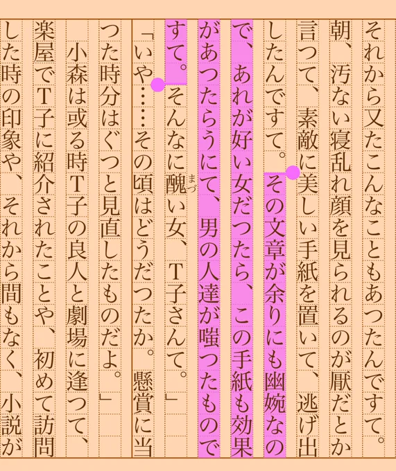その文章が余りにも幽婉なので、あれが好い女だつたら、この手紙も効果があつたらうにて、男の人達が嗤つたものですて。