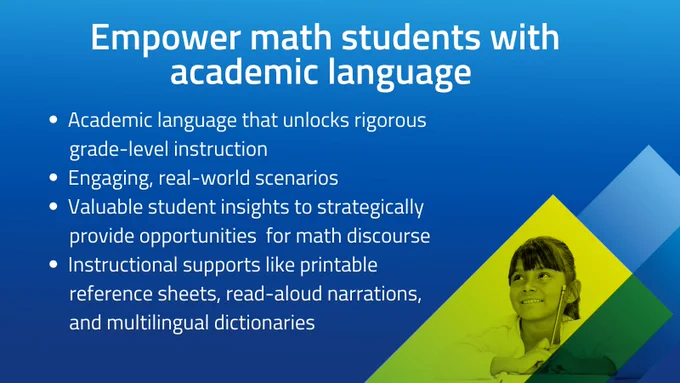 Blue background with a photo of a young girl with earbuds in. Text says: Empower math students with academic language. Academic language that unlocks rigorous grade-level instruction. Engaging, real-world scenarios. Valuable student insights to strategically provide opportunities for math discourse. Instructional supports like printable reference sheets, read aloud narrations, and multilingual dictionaries. 