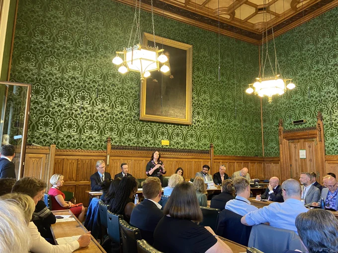 Jenni Field speaking in parliament at the debating group event on AI