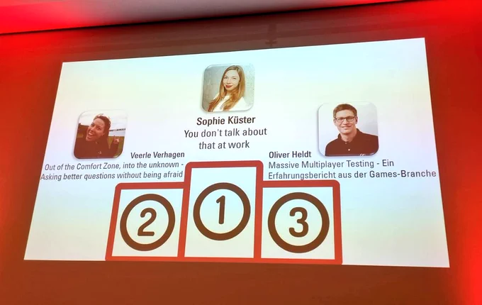 A slide showing the results of the session ratings at German Testing Day: my talk in first place, the Veerle's, then one by Oliver Heldt