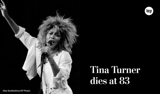 On the left is an image of Rock and roll diva Tina Turner performing at Madison Square Garden in New York, August 1, 1985. On the right, the text reads, "Tina Turner dies at 83." (Ray Stubblebine/AP Photo)