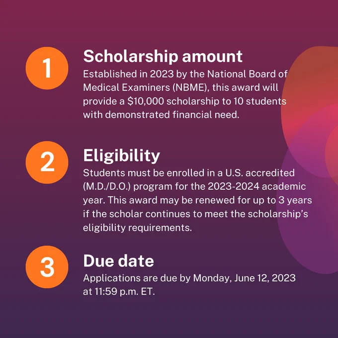 Graphic with information about the NBME/NMF Scholarship Fund scholarship amount, eligibility, and due date.