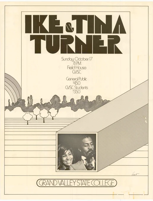 Concert poster from 1971 for Ike & Tina Turner's show at Grand Valley State College.