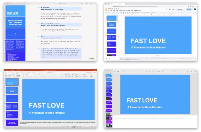 Comparing iA Presenter, Google Slides, PowerPoint and Keynote