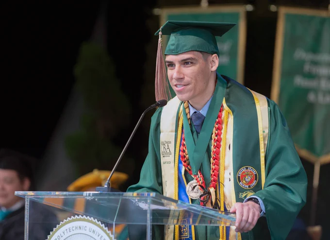 2023 valedictorian and McPhee scholar Gabriel Chaidez at podium during Commencement