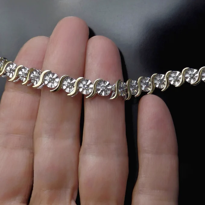 VINTAGE Genuine DIAMOND Tennis Bracelet Sterling Silver S Link Chain Hallmarked CI S.S. c.1980s