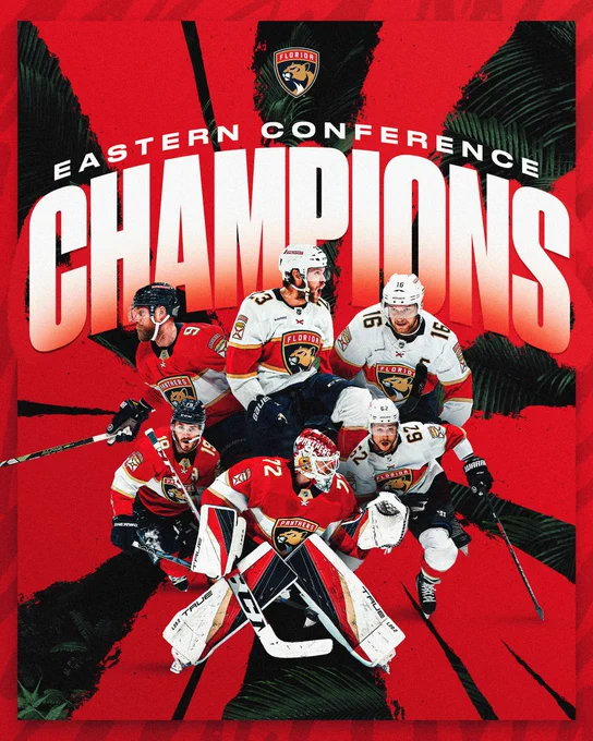 Graphic depicting Florida Panthers players with the words "Eastern Conference Champions" at the top. The background is red.
