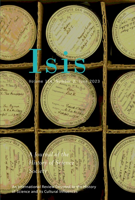The cover of the June 2023 issue of the journal Isis, showing phonograph cylinders in an archival box.