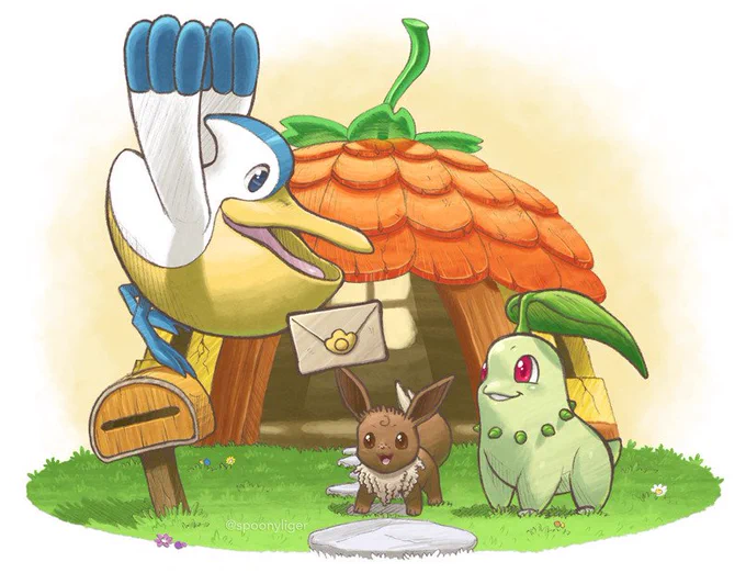 A digitally colored pencil drawing featuring a Pokemon Rescue Team comprising Eevee and Chikorita receiving a mail delivery by Pelipper who lands on their mail box. In the background sits a yellow clay hut with a roof made of orange wooden shingles topped with large green leaves and a long stem.