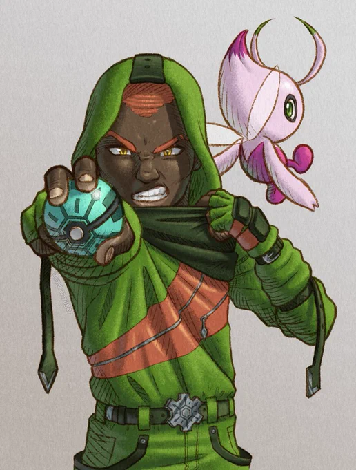 Digital artwork of a male character in green dystopian-style clothing, holding up a teal Pokeball to the viewer, and the Pokemon Shiny Celebi floating idly next to him.