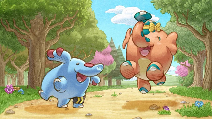 A Phanpy wearing a Tight Belt and a Cufant wearing a yellow bow happily walking along a dirt path surrounded by trees on a sunny day.