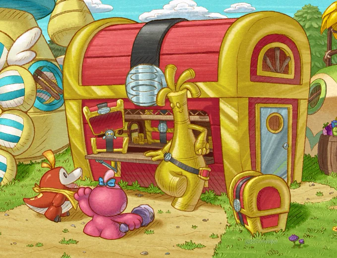 Digital fanart of a Fuecoco and a Tinkatink visiting a Ghimmigoul-themed bank ran by a Gholdengo, right next to Dundunsparce's Link Shop.