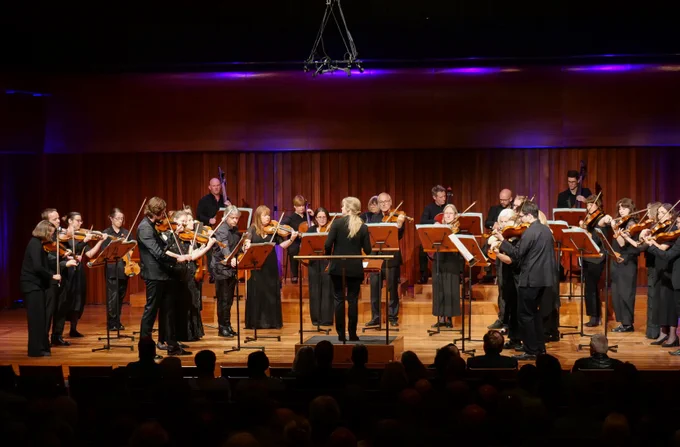 Agata Zajac conducting Britten Sinfonia in Elizabeth Maconchy's Symphony for Double String Orchestra at Milton Court Concert Hall.