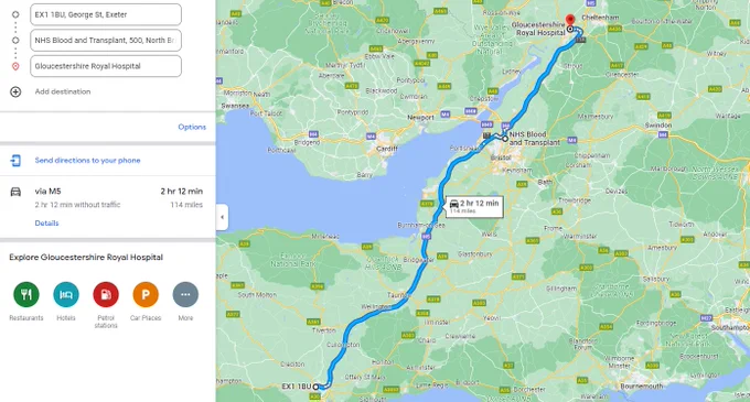 Screenshot of a map showing the car directions from the donation center in Exeter to the NHS Blood and Transplant manufacturing centre in Filton - where they ran all the standard tests and process it into a form that can be given to a patient in need - then on to Gloucester Royal Hospital. A 2 hour and 12 minute car journey, apparently. Or 36 hours walking.