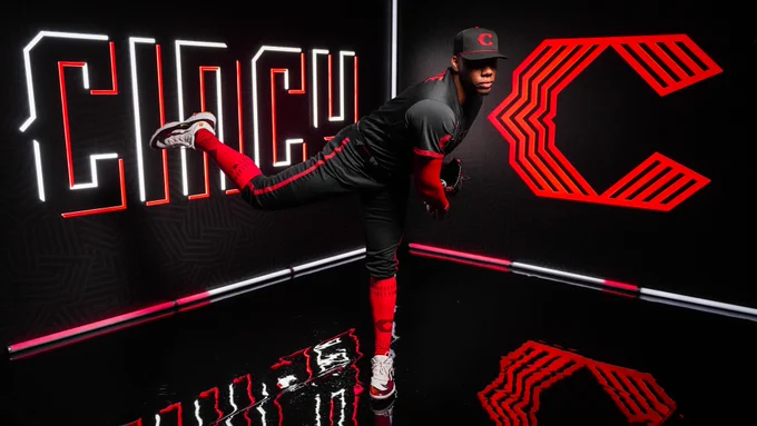 Hunter Greene poses while wearing the Reds new City Connect uniforms. 