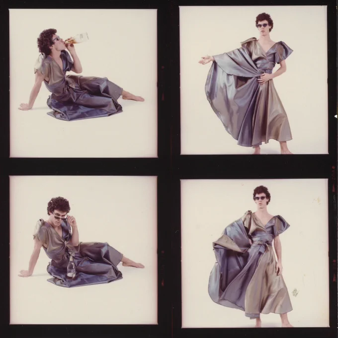 4 photos of John Bernd posing gracefully. He wears an elegantly draped purple dress. 