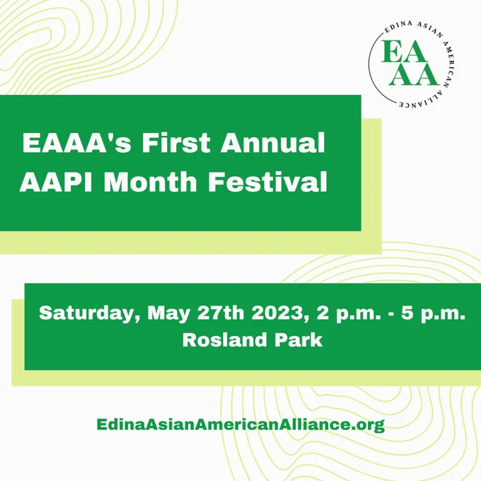 EAAA's First Annual AAPI Month Festival text on green boxes on a white background