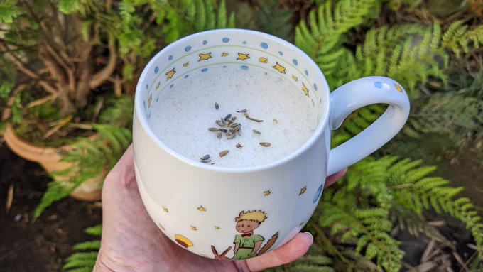 Lavender milk in my Le P'tit Prince mug.