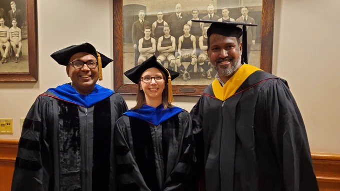 Ravi Radhakrishnan, LeAnn Dourte and Sevile Mannickarottu in regalia.