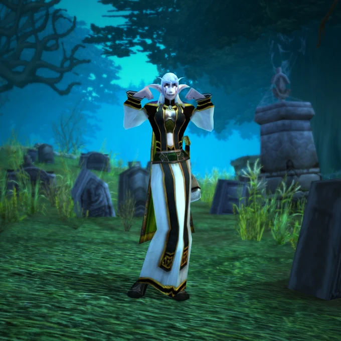 An image of a night elf standing in a forgotten graveyard somewhere in Duskwood and flexing with a smile on her face. The character has light purple skin and dark purple face markings, with light blue hair, and is wearing white and black robes. The old graves around her lean in different directions as long grass grows around them from the uneven ground. Dark trees hand overhead as a misty view of the sky peaks through.