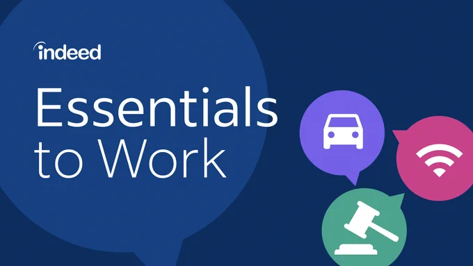 indeed Essentials to Work. Icon illustrations of a car, wifi, and gavel. 

