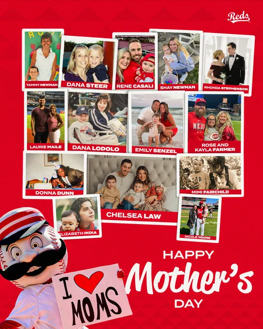 Happy Mother's Day graphic. Shows Mr. Redlegs holding an "I heart moms" sign and a collage of both Reds players with their moms and Reds' players wives.