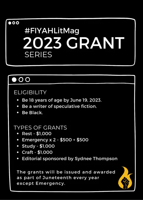 A black and white flyer that briefly details the FIYAH 2023 Grant Series