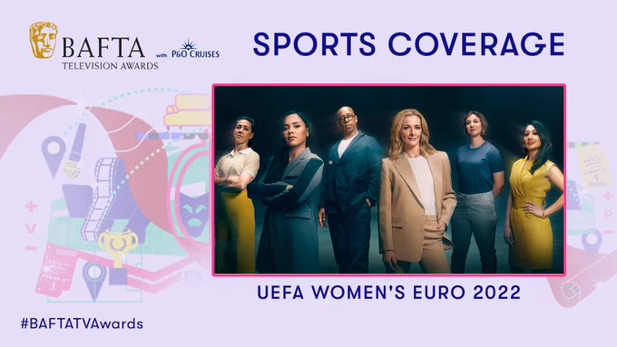 Designed graphic featuring colourful artwork and an image of UEFA Women's Euro 2022 commentary team. The text reads 'Sports Coverage, UEFA Women's Euro 2022'