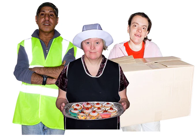 Two women and a men with different jobs. The man is wearing a hi-vis jacket. One woman is in a catering hat and carrying buns, the other is in overalls and carrying a box. 