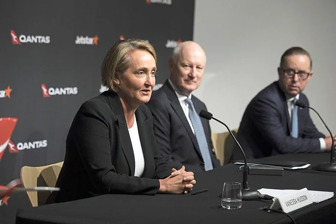 Qantas media conference announcing incoming CEO Vanessa Hudson to replace Alan Joyce