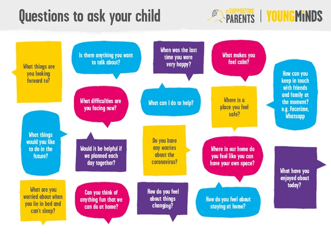 Questions to ask your child

What things are you looking forward to?
Is there anything you want to talk about?
When was the last time you were very happy?
What makes you feel calm?
What difficulties are you facing now? 
What can I do to help?
Where is a place you feel safe?
How are you finding things at school at the moment?
What things would you like to do in the future?
Would it be helpful if we planned each day together?
Do you have any worries about the coronavirus?
Where in our home do you feel like you can have your own space?
What are you worried about when you lie in bed and can't sleep?
Can you show me what you like about gaming?
How do you feel about things changing?
What do you think could help you feel better?
What have you enjoyed about today?