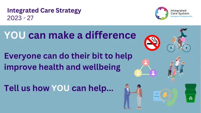 Integrated Care Strategy, 2023 - 2027  YOU can make a difference  Everyone can do their bit to help improve health and wellbeing  Tell us how YOU can help…  Illustrations of stop smoking sign, woman cycling, people exercising, team work, person getting a job, contact icons and recycling bin.